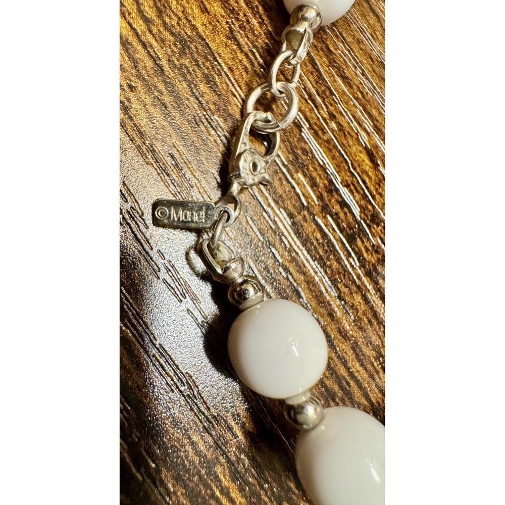 Monet Vintage White Beaded Necklace Silver Tone Spacers 30" Long Opera Strand